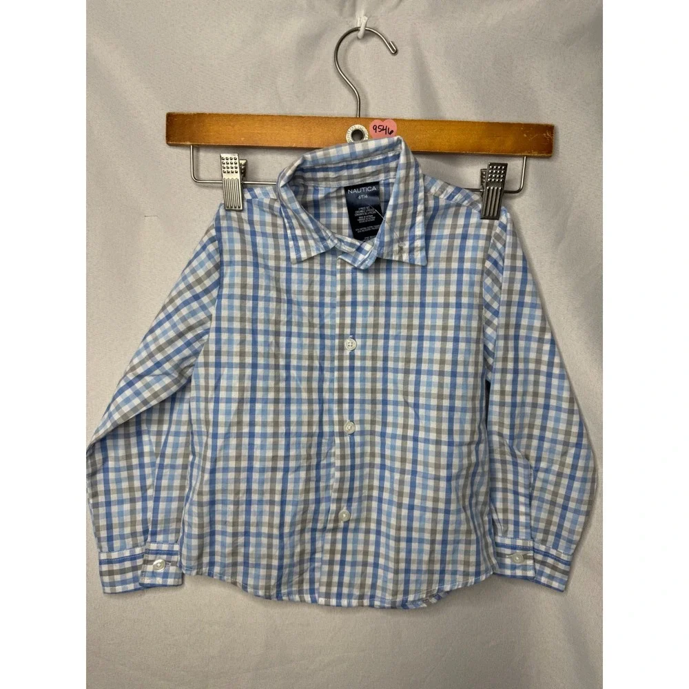 Nautica Boys Blue Grey White Plaid Long Sleeve Button Down Shirt Size 4T N335338
